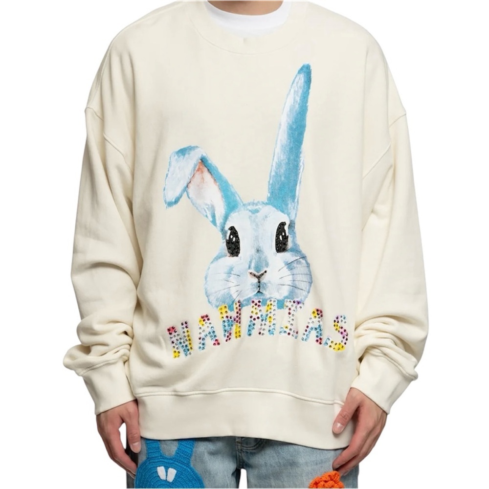 NWT Nahmias Swarovski Crystal Bunny White Cotton Crewneck Sweatshirt L